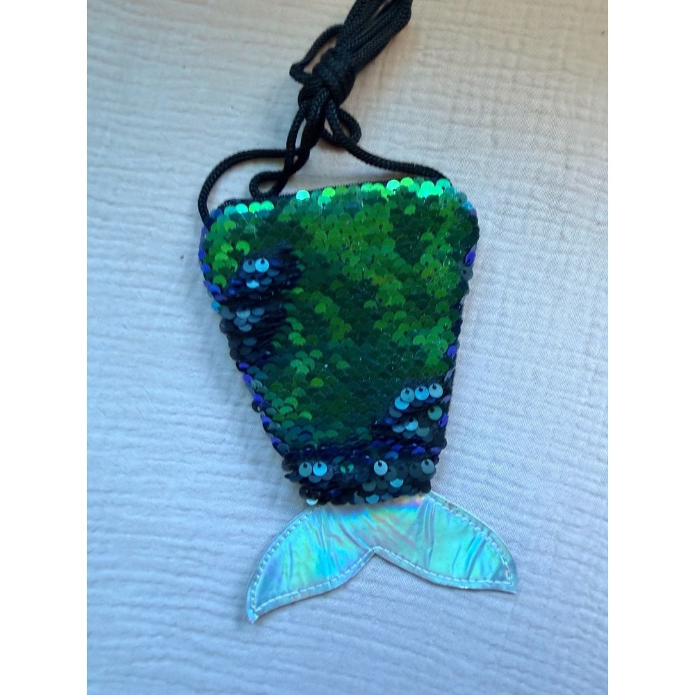 Girls Mermaid Tail Green Silver Sequin Small Crossbody Bag with Zip and Strap